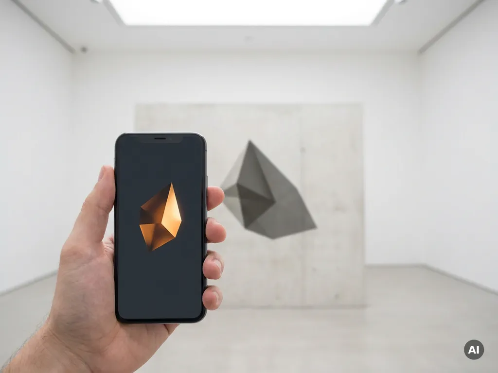 Smartphone screen displaying a glowing 3D product floating mid-air in a minimalist white gallery with soft amber and charcoal tones.