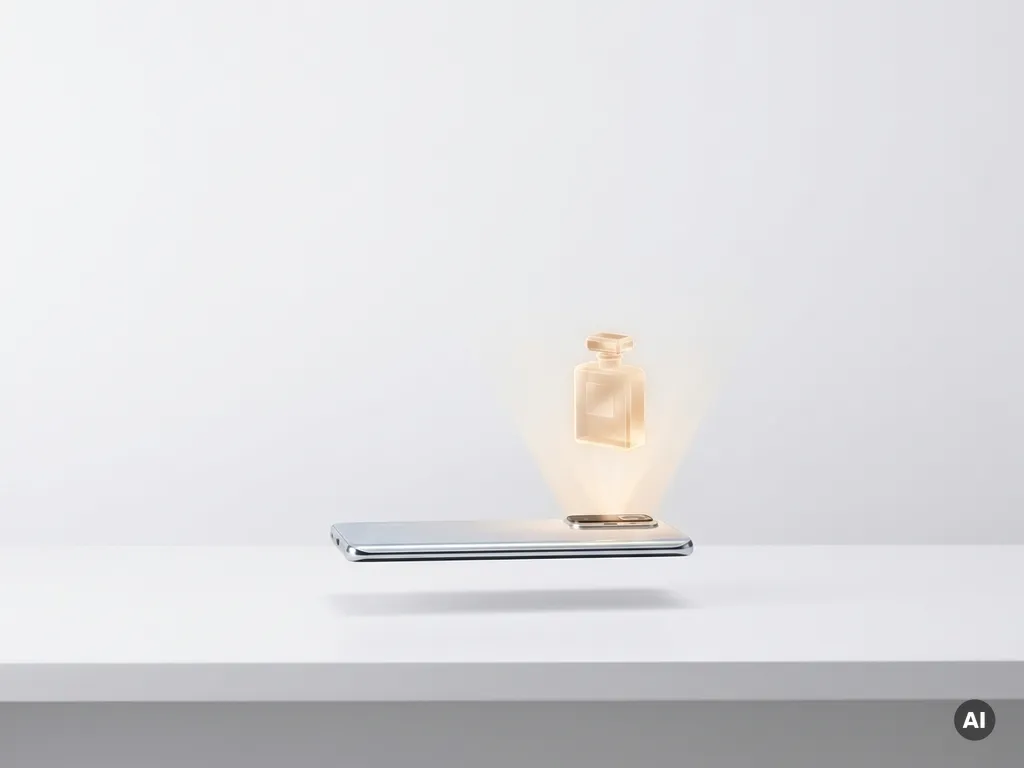 Smartphone camera scanning a floating 3D product above a white desk, lit with cool silver and amber studio tones.