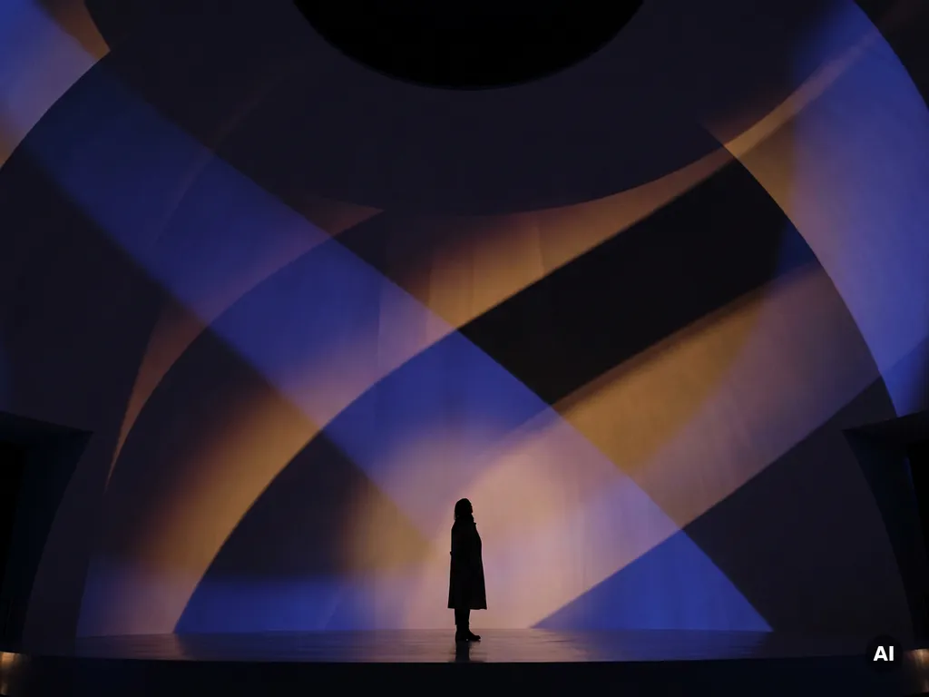 Solitary figure bathed in indigo and amber light projections inside a vast darkened dome, viewed from a low upward angle.