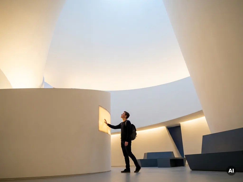 Student touching a glowing wall panel inside a curved minimalist architectural space with cool white and warm amber ambient lighting.