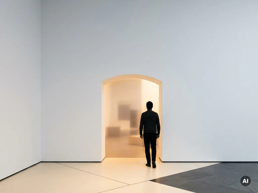 Person stepping through a luminous doorway from a stark white room into a warm amber-glowing space, with geometric floor lines receding into depth.