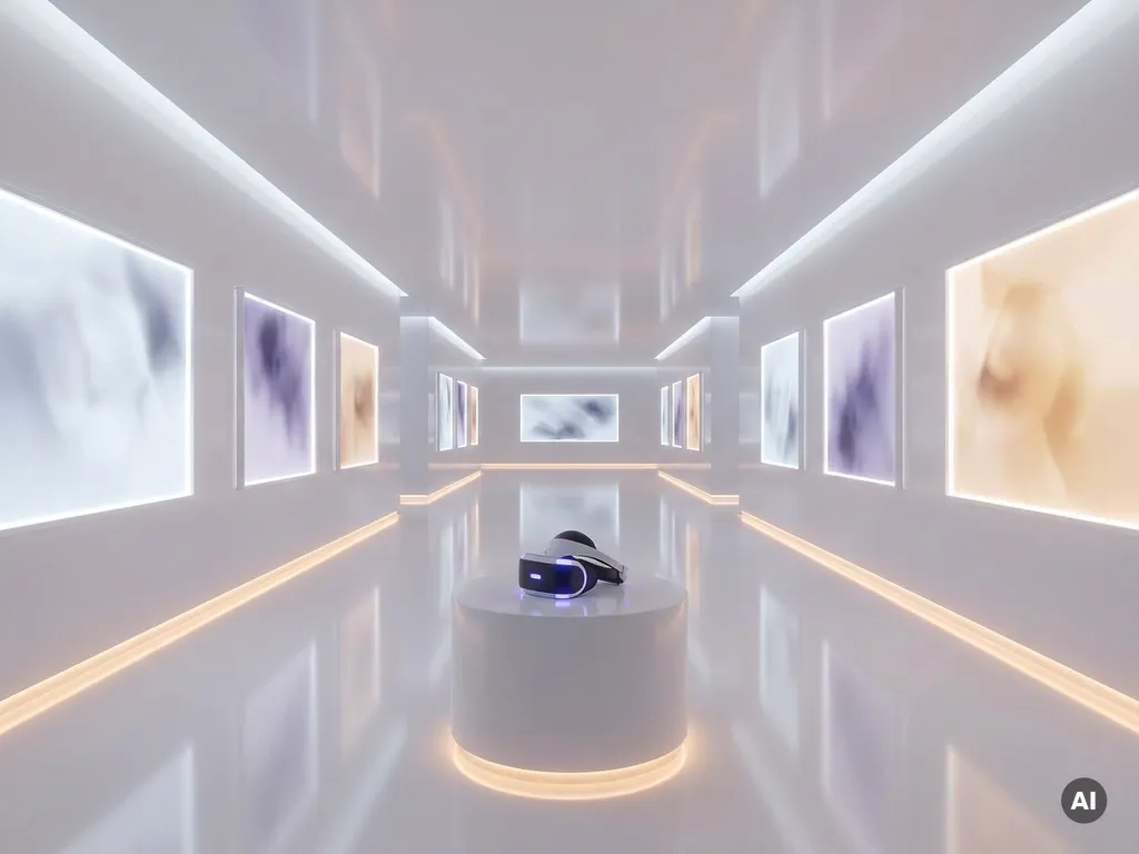 Minimalist virtual gallery corridor with glowing abstract art on white walls and a VR headset on a pedestal in soft violet and amber light.