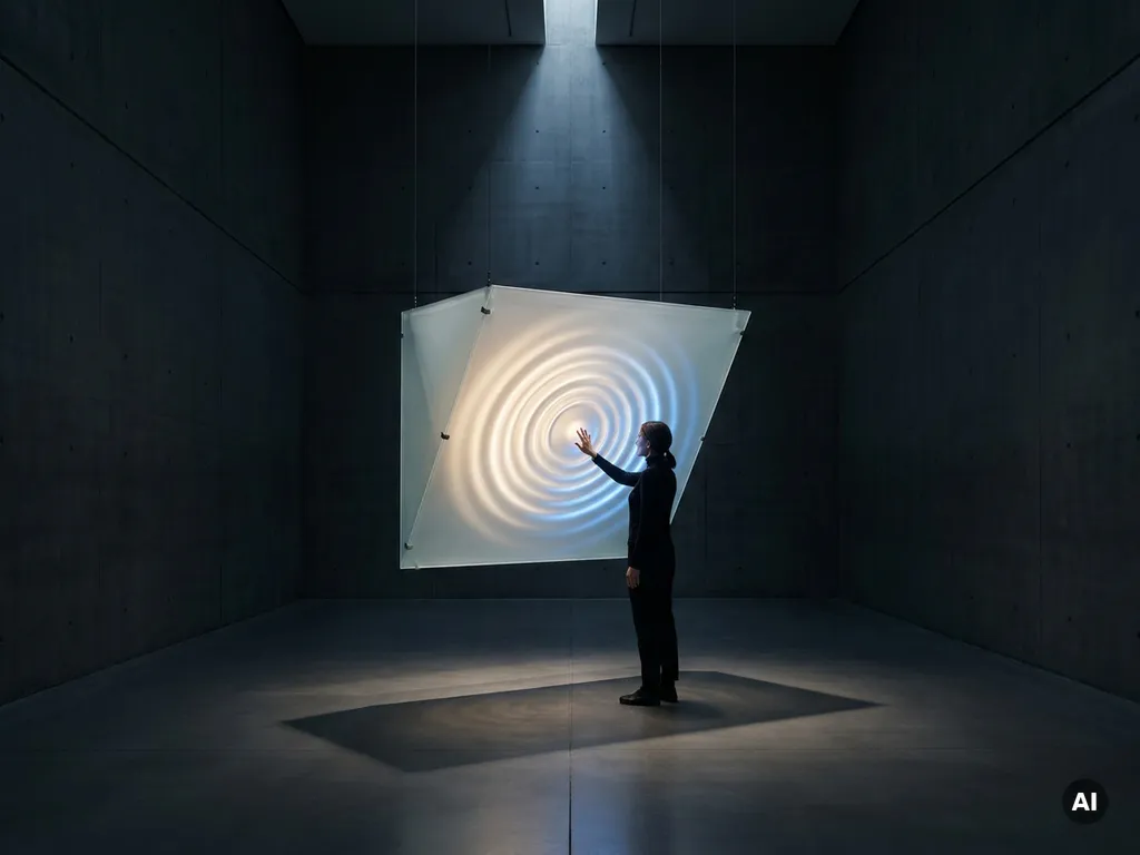 Visitor touching a glowing electric-blue geometric panel in a dark gallery, soft light rippling outward from their fingertip.