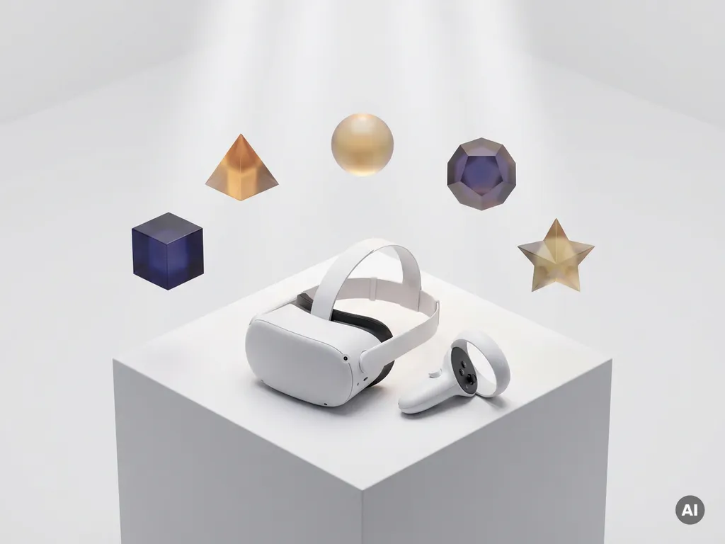 VR headset on white surface with five glowing geometric orbs arranged in an arc, shot from above in indigo and amber tones.
