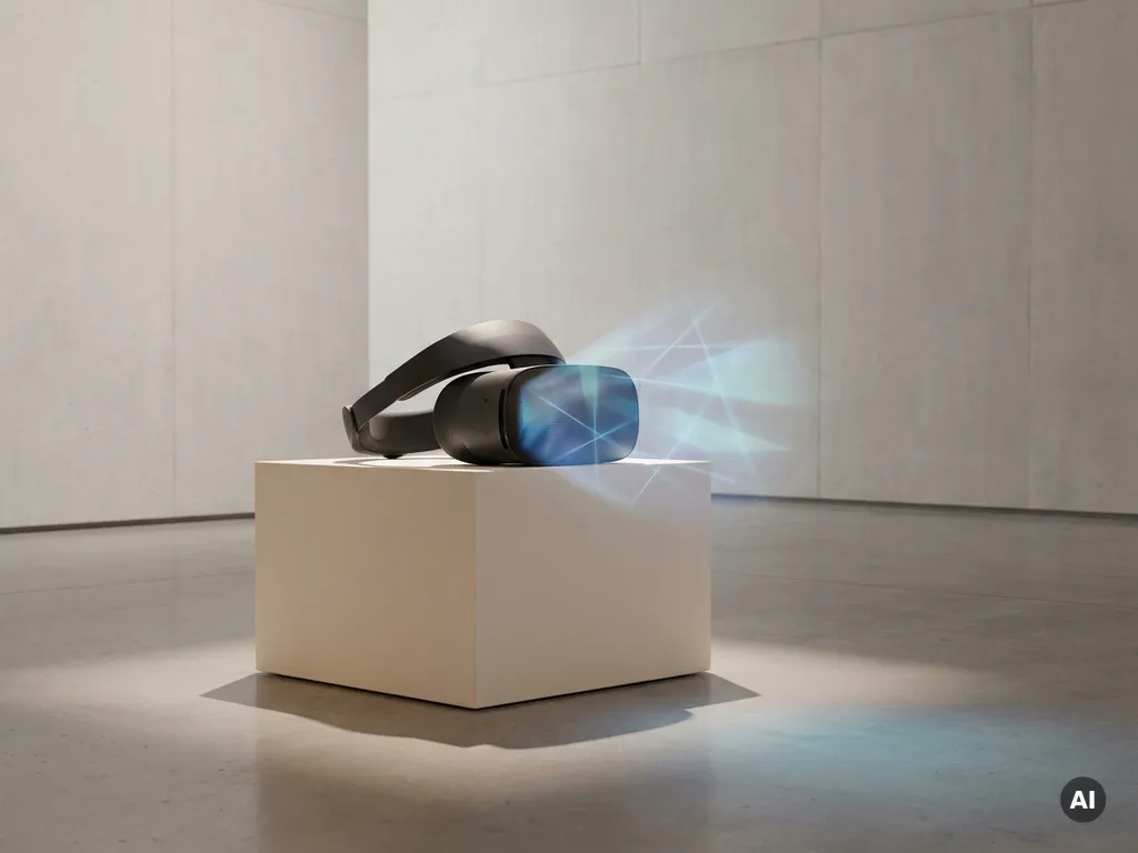 VR headset displayed on a white museum pedestal with electric blue holographic glow on concrete floor under soft directional light.