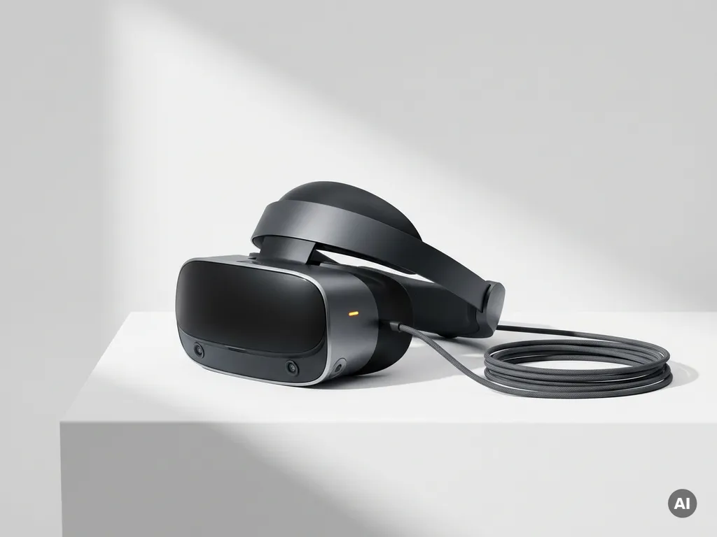 Matte black VR headset on a white surface with a coiled cable, lit by soft studio light from the upper left.