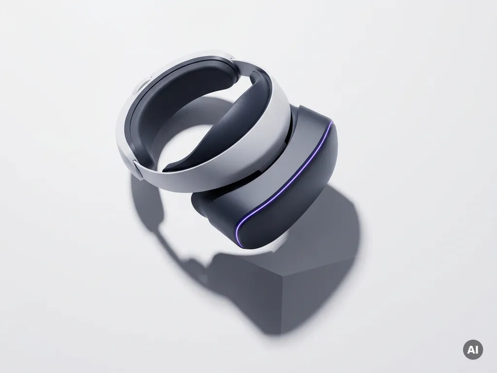 VR headset floating above a white surface, casting a geometric shadow, in charcoal and violet tones with minimalist flat lay composition.