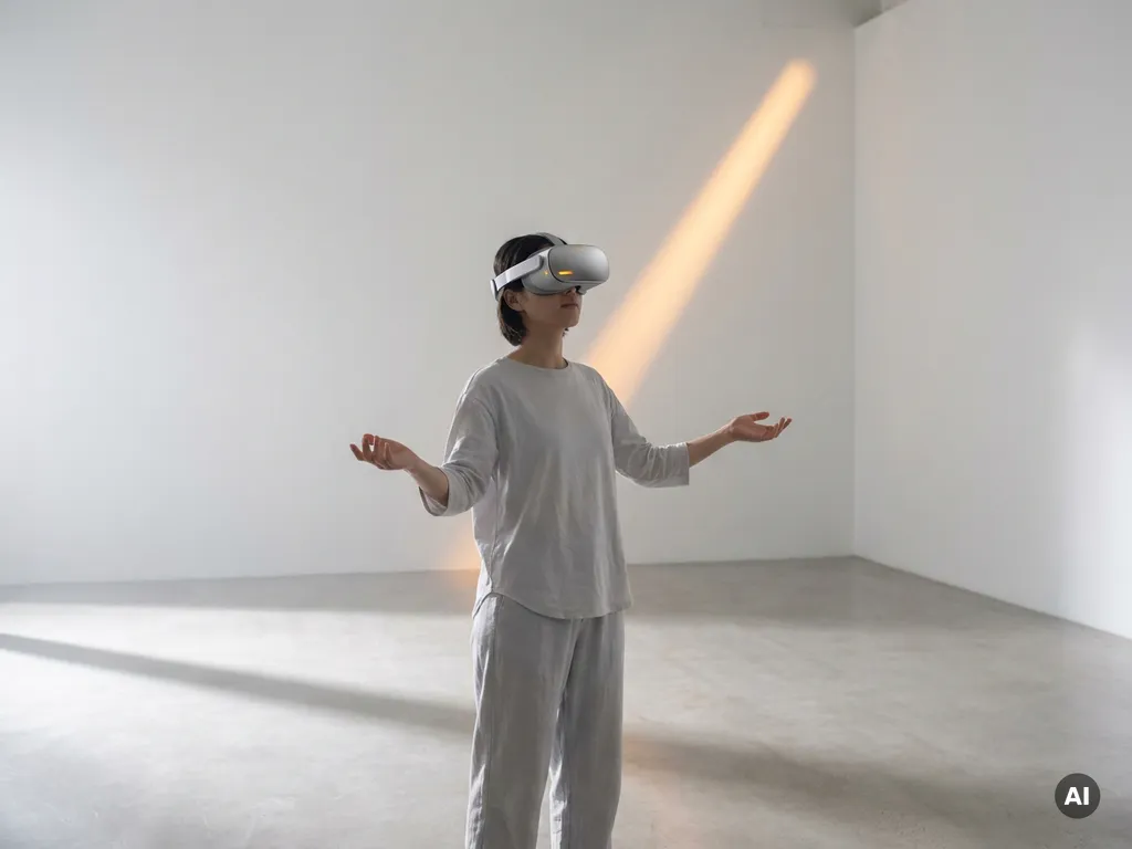 Person in VR headset standing in a vast white minimalist room, arms extended, surrounded by geometric light beams and soft amber accents.