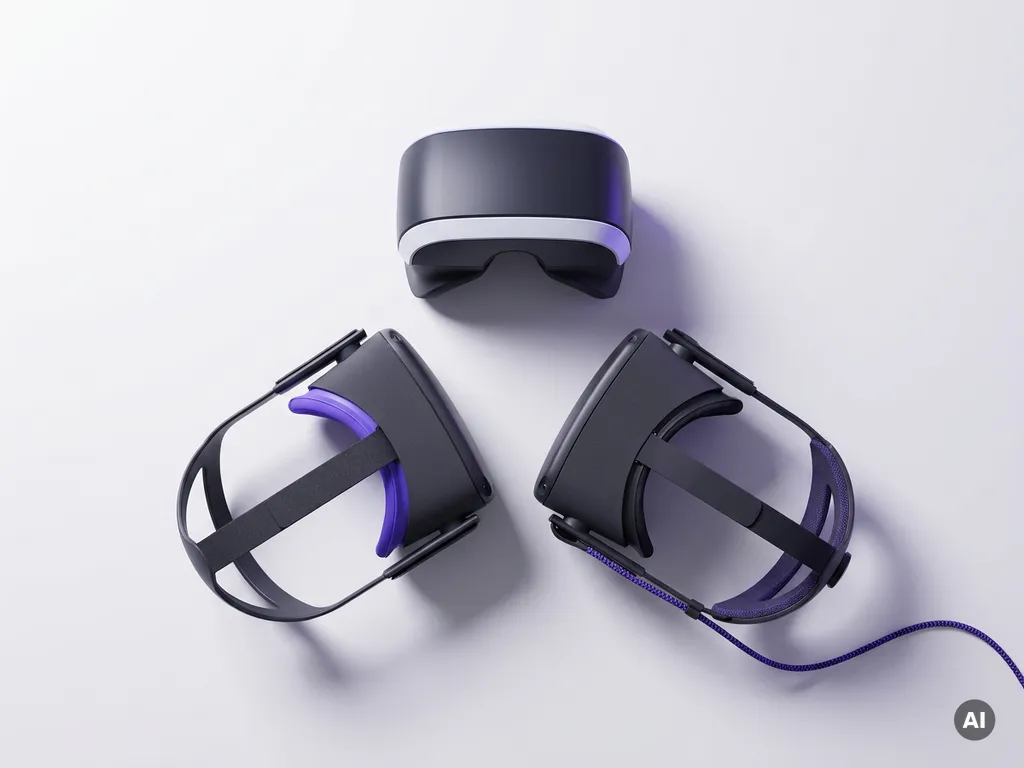 Three VR headsets in sealed, open-framed, and tethered designs arranged in a triangular flat lay on a white surface with violet accents.